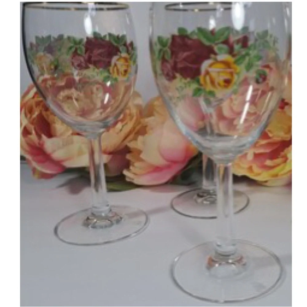 Vintage Royal Albert Old Country Roses Wine Glass Set Barware Burgundy Gold Rim